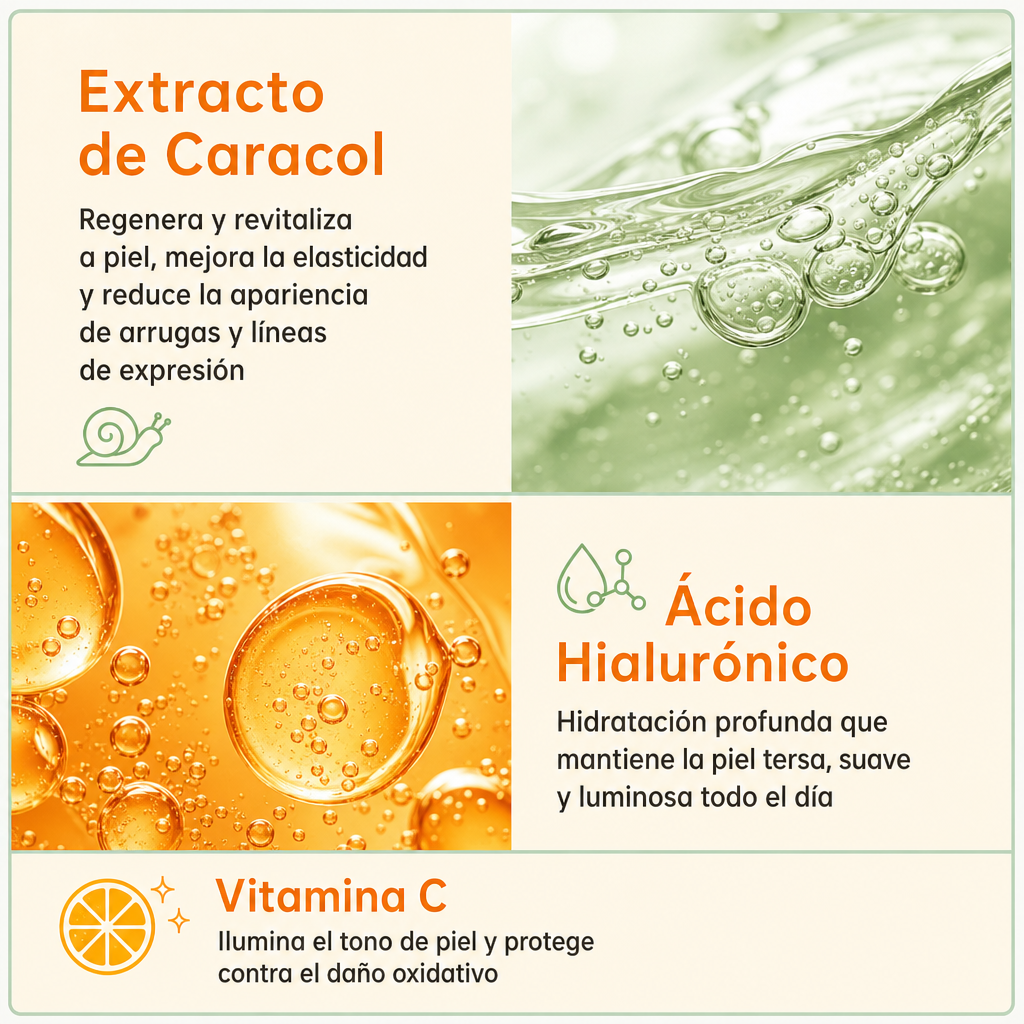 ✨ Sérum de Caracol 4 en 1 · Reafirma · Hidrata · Ilumina · Reductor de Poros