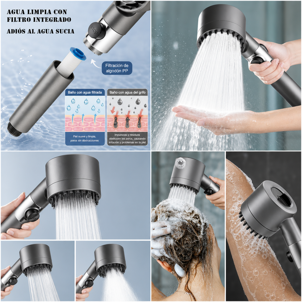 Regadera de Ducha Hidromasaje 3 en 1 — Filtro Purificador y Ahorro de Agua