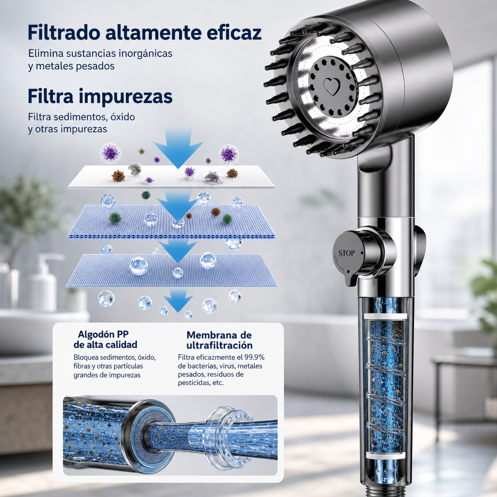 Regadera de Ducha Hidromasaje 3 en 1 — Filtro Purificador y Ahorro de Agua