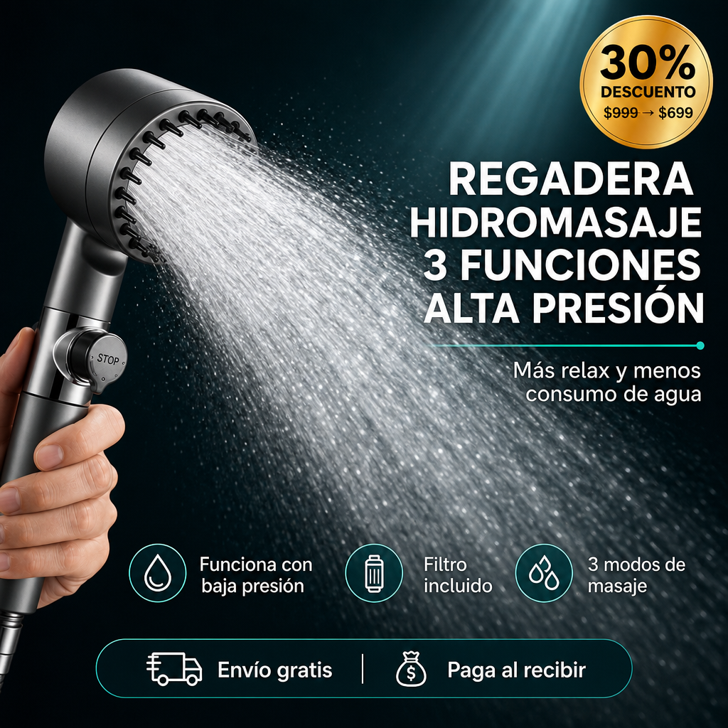Regadera de Ducha Hidromasaje 3 en 1 — Filtro Purificador y Ahorro de Agua