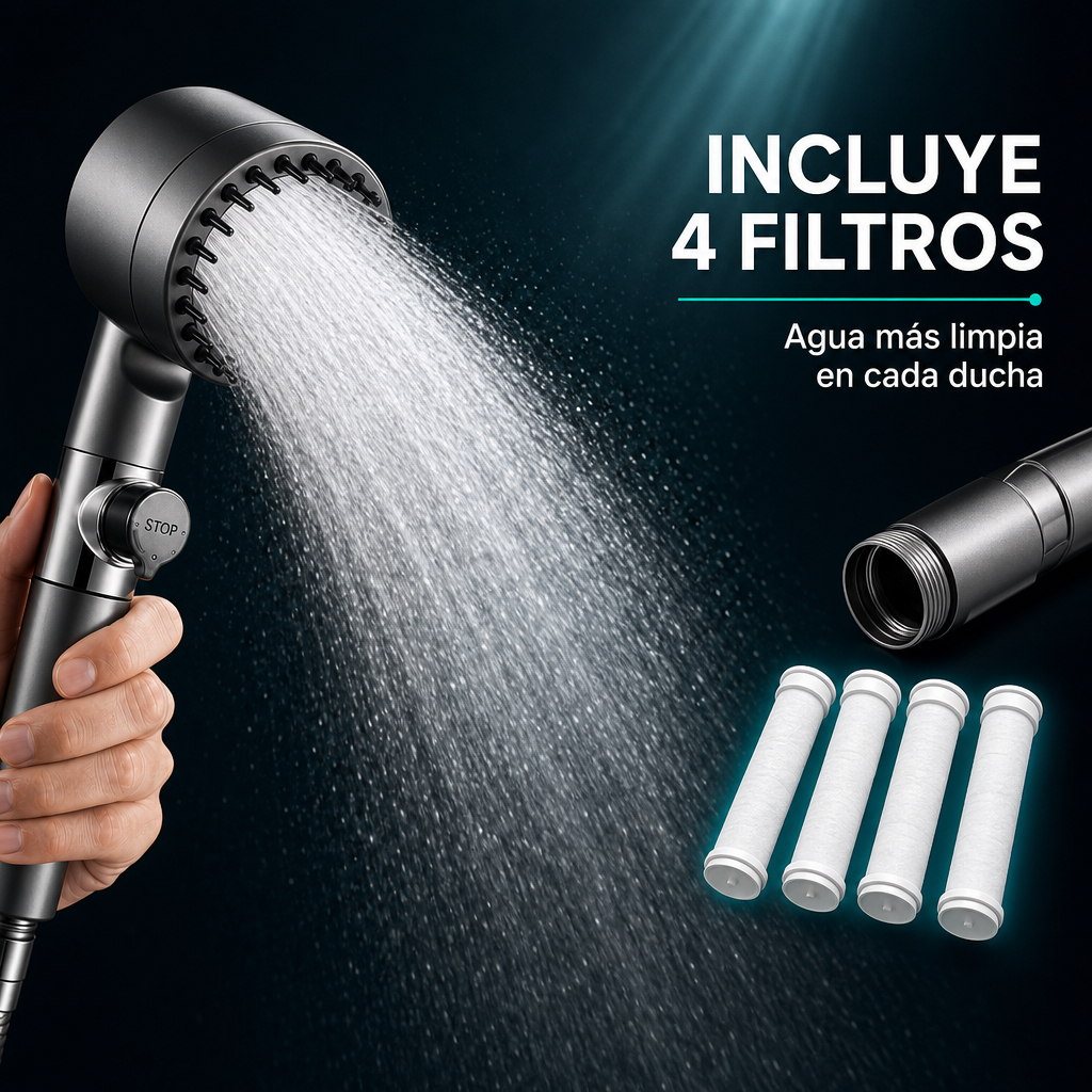 Regadera de Ducha Hidromasaje 3 en 1 — Filtro Purificador y Ahorro de Agua