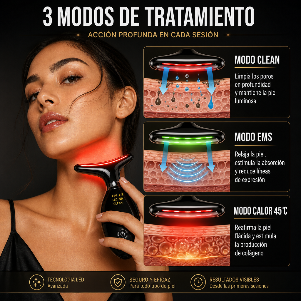 ✨ Masajeador Facial y de Cuello · Reafirma · Tonifica · Hidrata · 7 LED + EMS + Calor 45°C