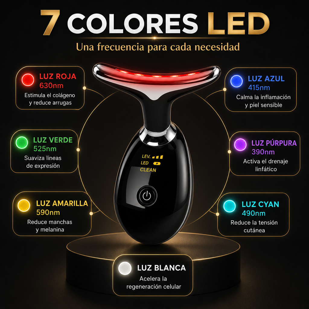 ✨ Masajeador Facial y de Cuello · Reafirma · Tonifica · Hidrata · 7 LED + EMS + Calor 45°C
