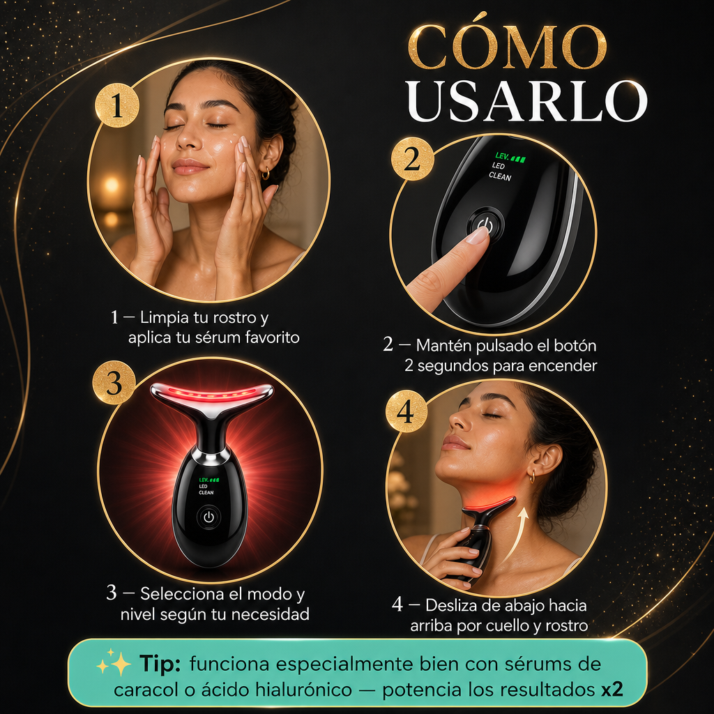 ✨ Masajeador Facial y de Cuello · Reafirma · Tonifica · Hidrata · 7 LED + EMS + Calor 45°C