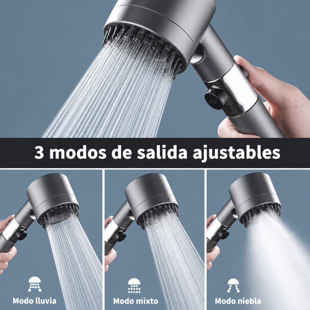 Regadera de Ducha Hidromasaje 3 en 1 — Filtro Purificador y Ahorro de Agua