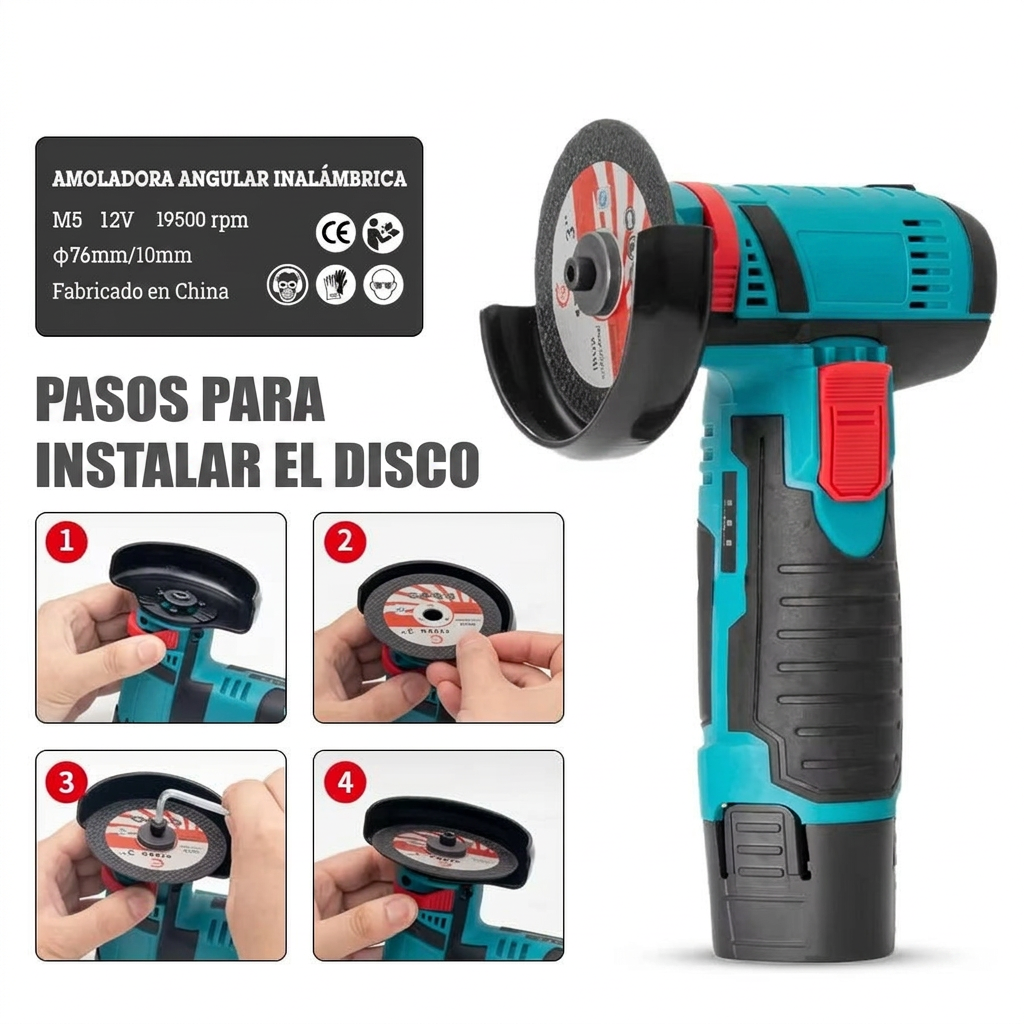 Amoladora Angular Inalámbrica · 12V · Corta, Lija y Pule sin Cables