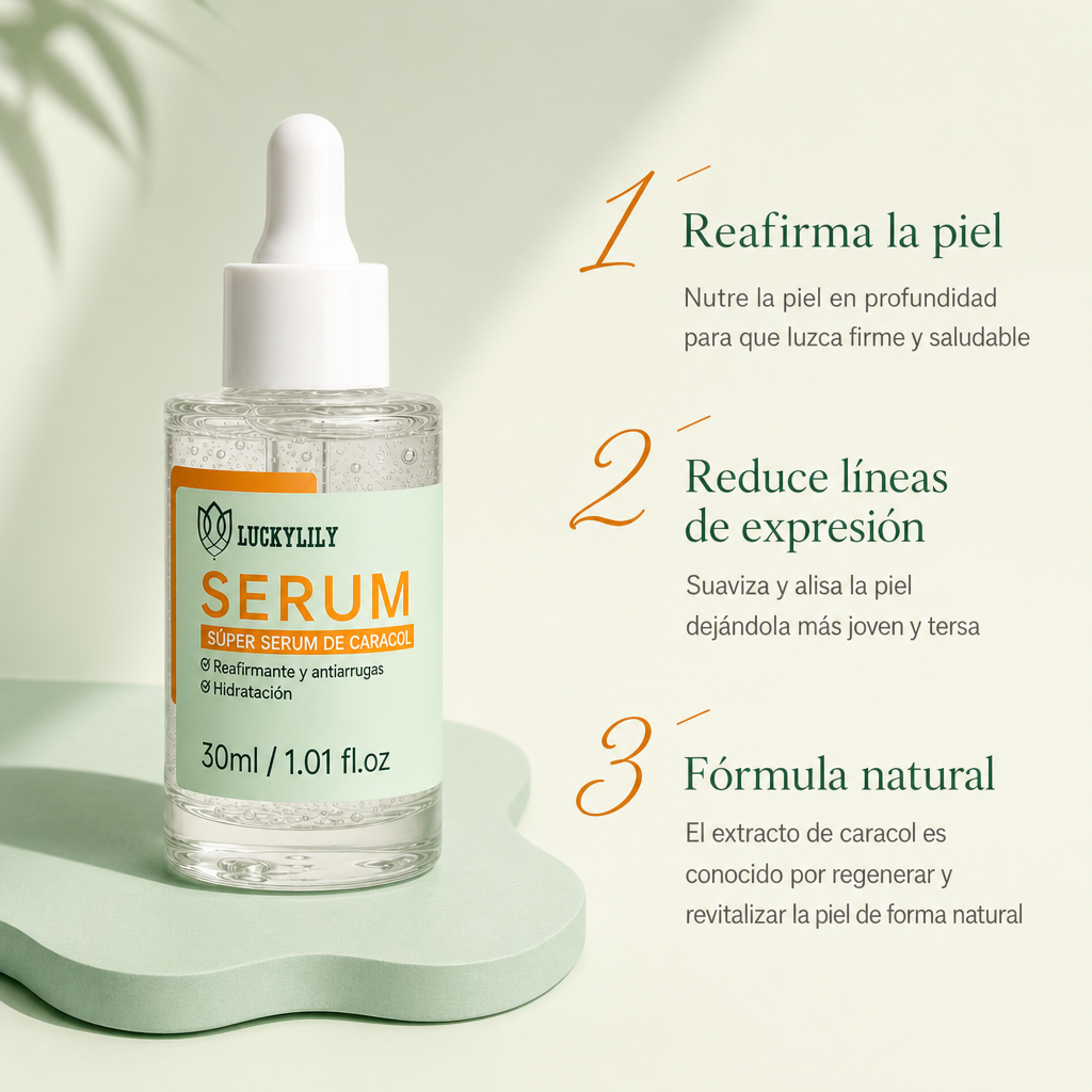✨ Sérum de Caracol 4 en 1 · Reafirma · Hidrata · Ilumina · Reductor de Poros